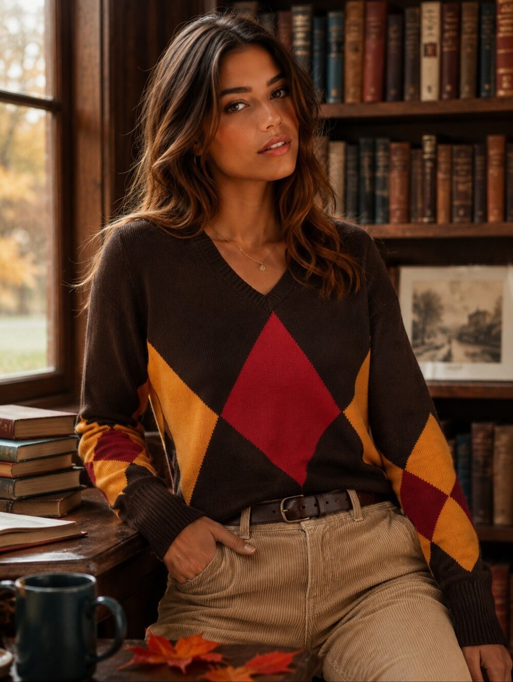 OLD NAVY Sweater Womens Large Brown Red Argyle Knit Y2K Preppy Academia 2000s